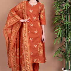 Miramaar Women's Cotton Printed Rust Hand Work Kurta Pant with Dupatta