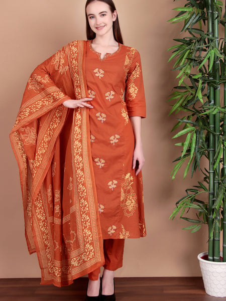 Miramaar Women's Cotton Printed Rust Hand Work Kurta Pant with Dupatta