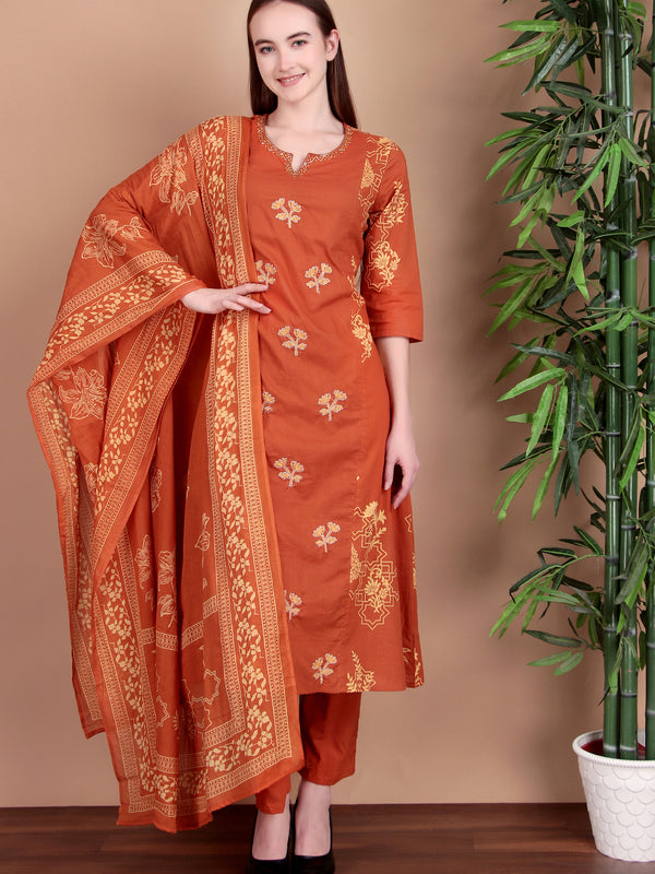 Miramaar Women's Cotton Printed Rust Hand Work Kurta Pant with Dupatta