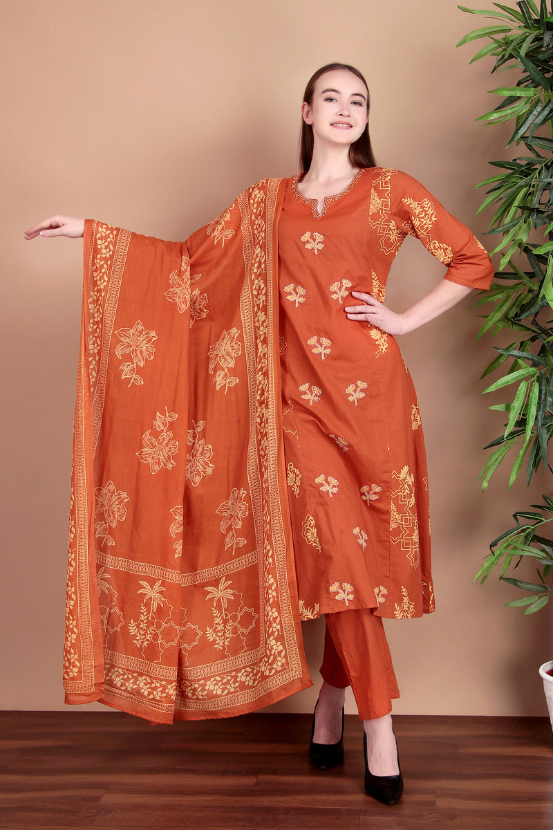 Miramaar Women's Cotton Printed Rust Hand Work Kurta Pant with Dupatta