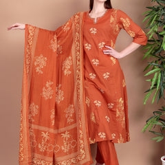 Miramaar Women's Cotton Printed Rust Hand Work Kurta Pant with Dupatta