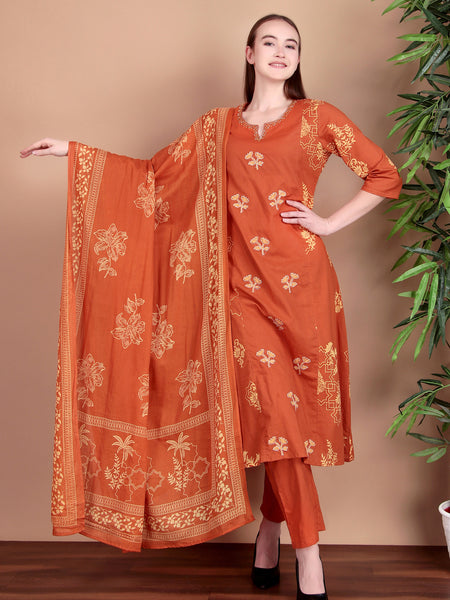 Miramaar Women's Cotton Printed Rust Hand Work Kurta Pant with Dupatta