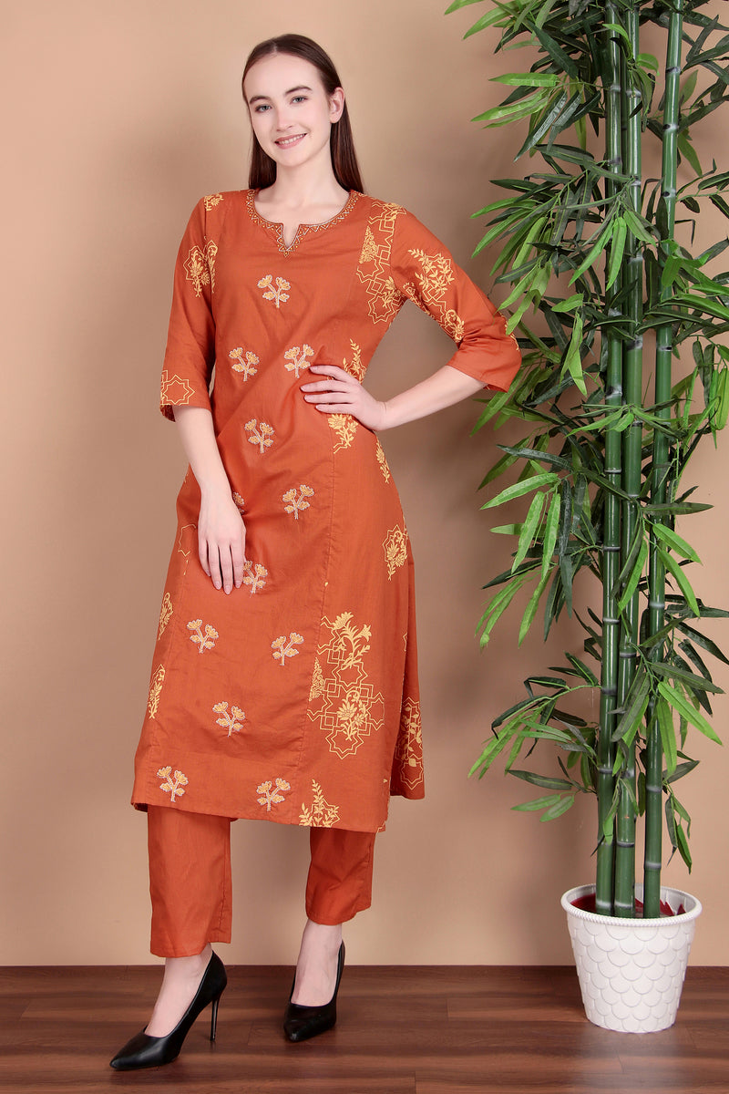 Miramaar Women's Cotton Printed Rust Hand Work Kurta Pant with Dupatta