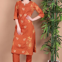 Miramaar Women's Cotton Printed Rust Hand Work Kurta Pant with Dupatta