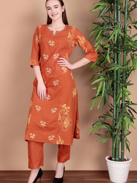Miramaar Women's Cotton Printed Rust Hand Work Kurta Pant with Dupatta