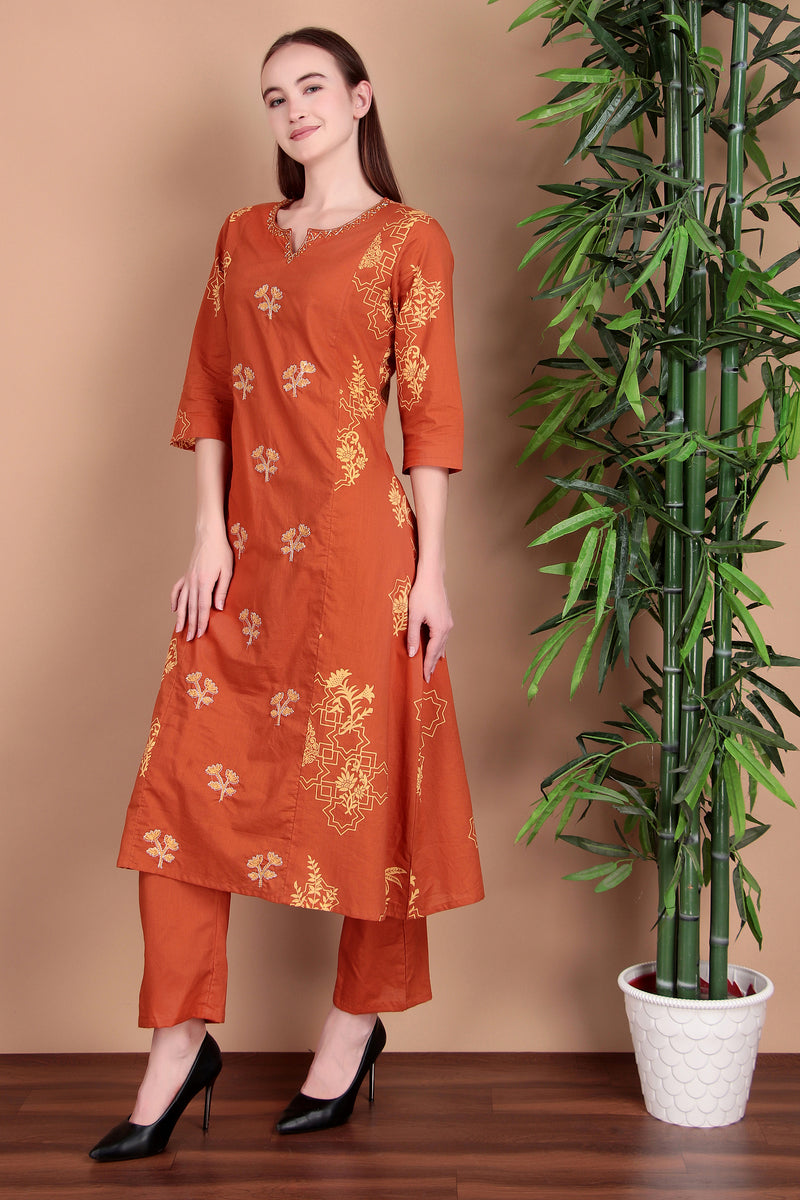 Miramaar Women's Cotton Printed Rust Hand Work Kurta Pant with Dupatta
