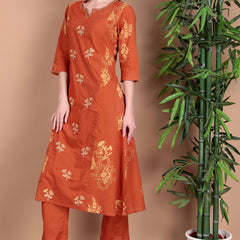 Miramaar Women's Cotton Printed Rust Hand Work Kurta Pant with Dupatta
