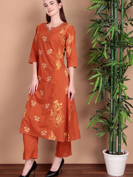 Miramaar Women's Cotton Printed Rust Hand Work Kurta Pant with Dupatta
