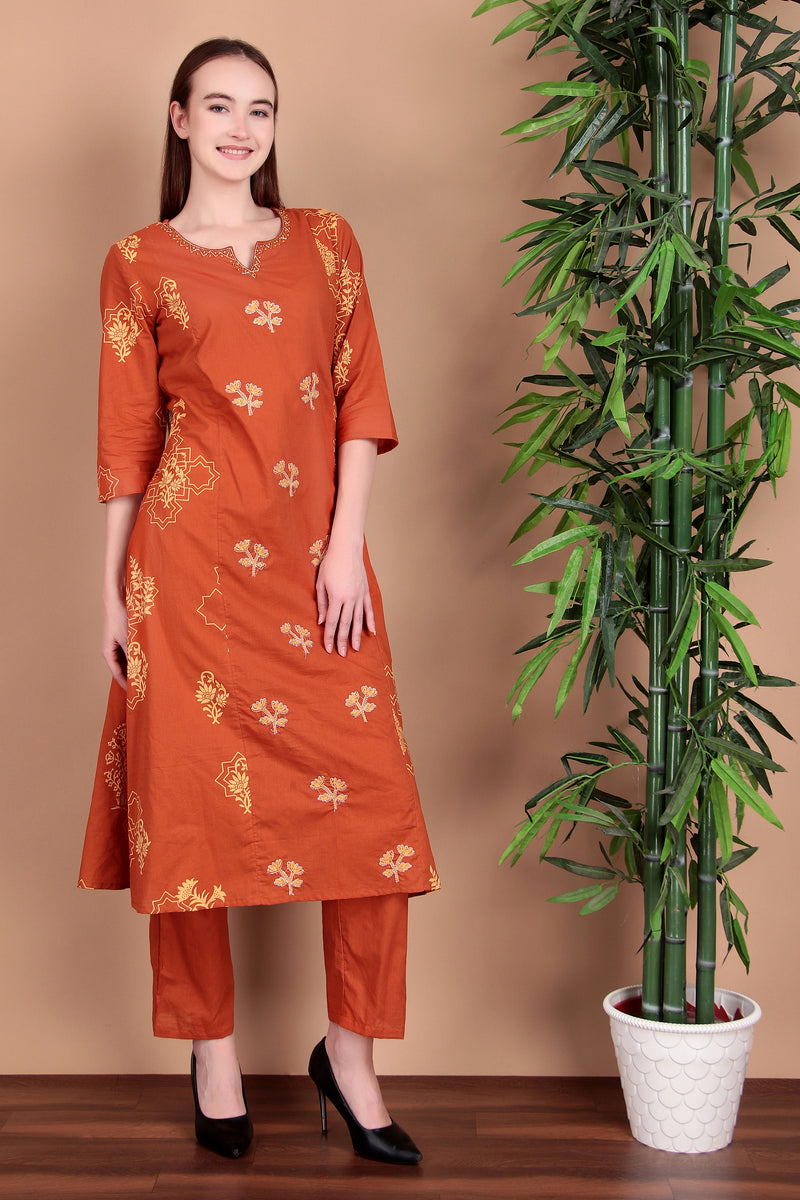 Miramaar Women's Cotton Printed Rust Hand Work Kurta Pant with Dupatta