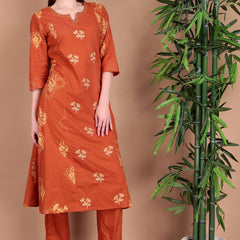Miramaar Women's Cotton Printed Rust Hand Work Kurta Pant with Dupatta