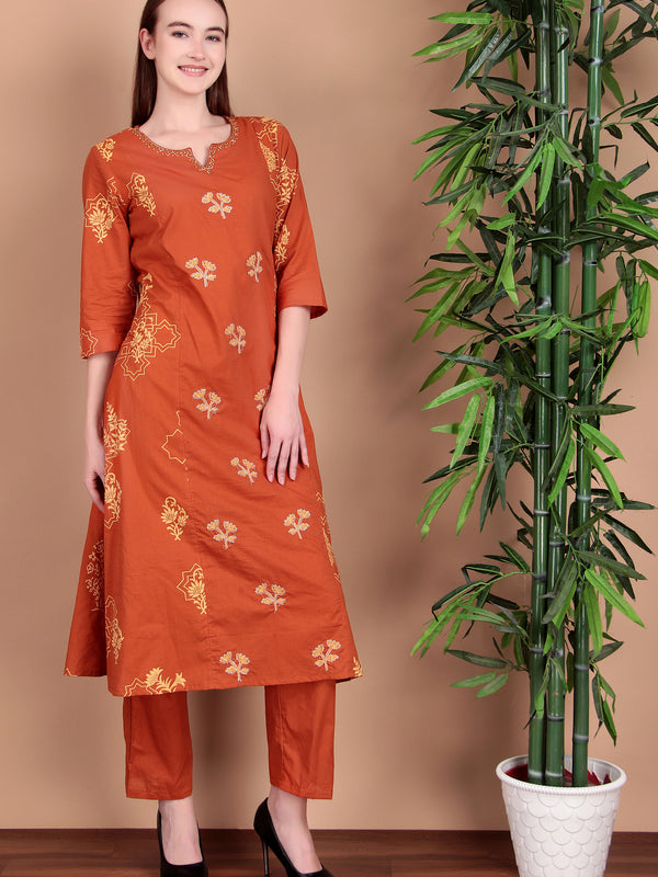 Miramaar Women's Cotton Printed Rust Hand Work Kurta Pant with Dupatta