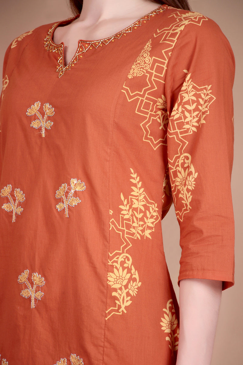 Miramaar Women's Cotton Printed Rust Hand Work Kurta Pant with Dupatta