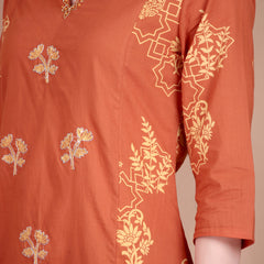 Miramaar Women's Cotton Printed Rust Hand Work Kurta Pant with Dupatta