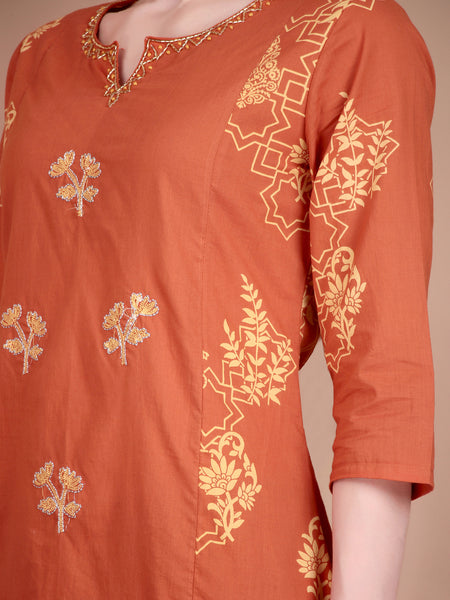 Miramaar Women's Cotton Printed Rust Hand Work Kurta Pant with Dupatta