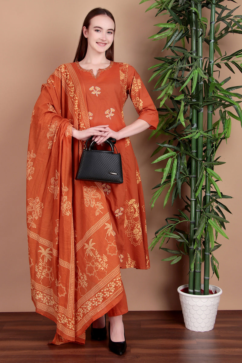 Miramaar Women's Cotton Printed Rust Hand Work Kurta Pant with Dupatta
