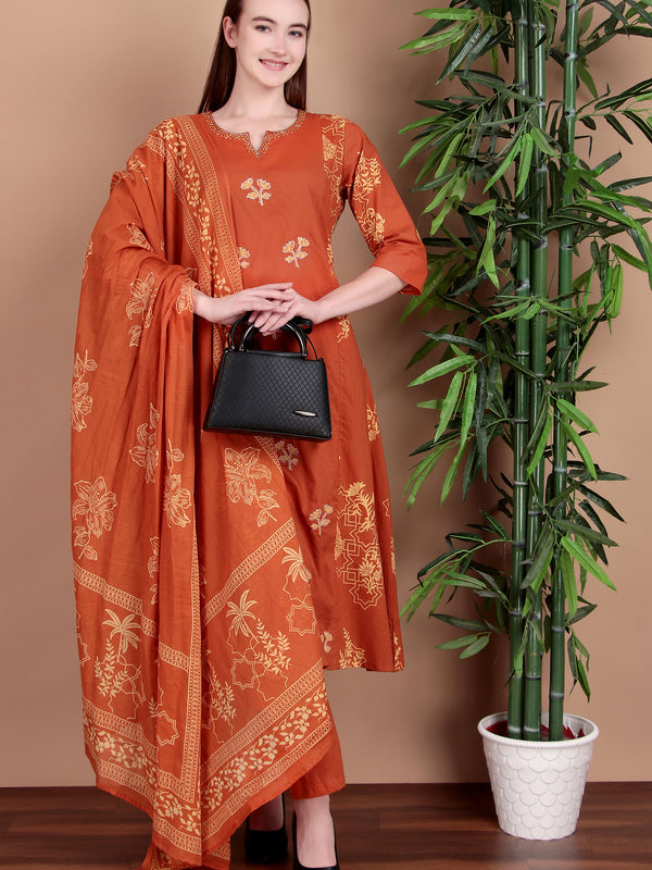 Miramaar Women's Cotton Printed Rust Hand Work Kurta Pant with Dupatta
