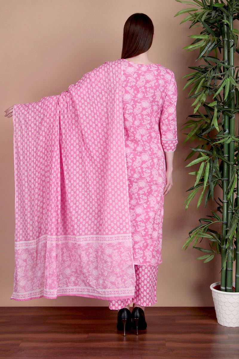 Miramaar Women's Pink Cotton Straight V-Neck Embroidered Kurta Pant with Dupatta