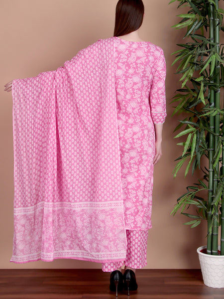 Miramaar Women's Pink Cotton Straight V-Neck Embroidered Kurta Pant with Dupatta