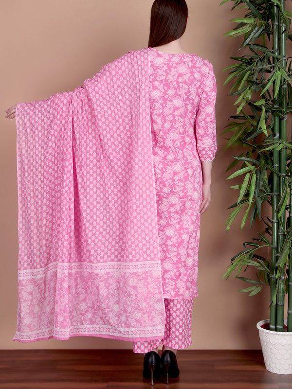 Miramaar Women's Pink Cotton Straight V-Neck Embroidered Kurta Pant with Dupatta
