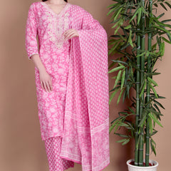 Miramaar Women's Pink Cotton Straight V-Neck Embroidered Kurta Pant with Dupatta