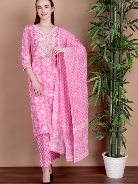 Miramaar Women's Pink Cotton Straight V-Neck Embroidered Kurta Pant with Dupatta