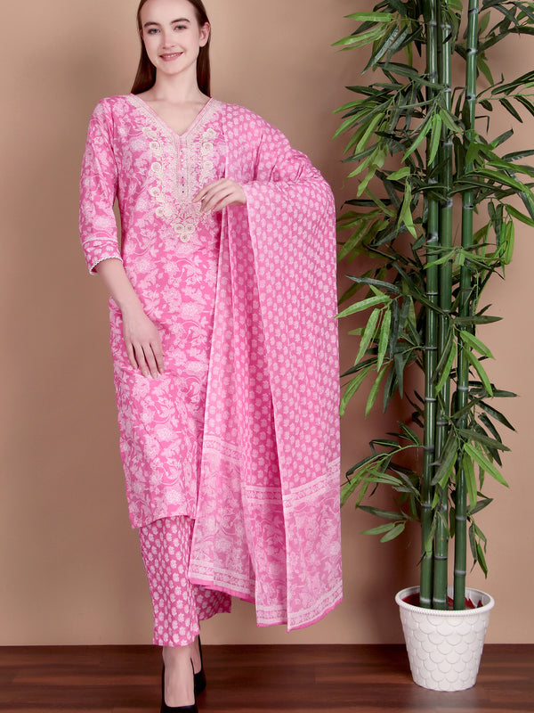 Miramaar Women's Pink Cotton Straight V-Neck Embroidered Kurta Pant with Dupatta