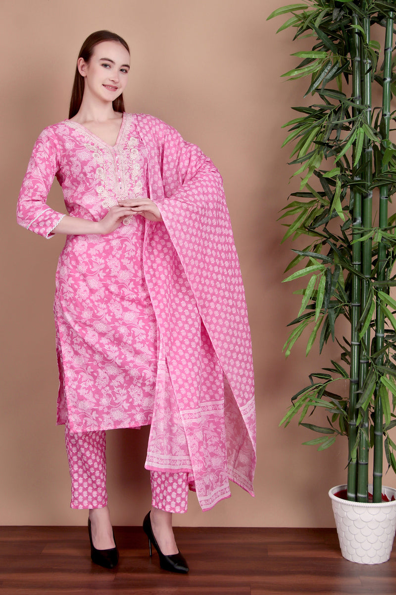 Miramaar Women's Pink Cotton Straight V-Neck Embroidered Kurta Pant with Dupatta