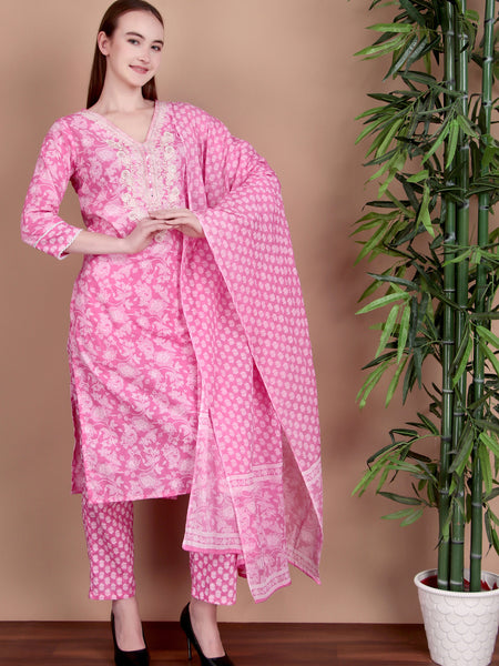 Miramaar Women's Pink Cotton Straight V-Neck Embroidered Kurta Pant with Dupatta