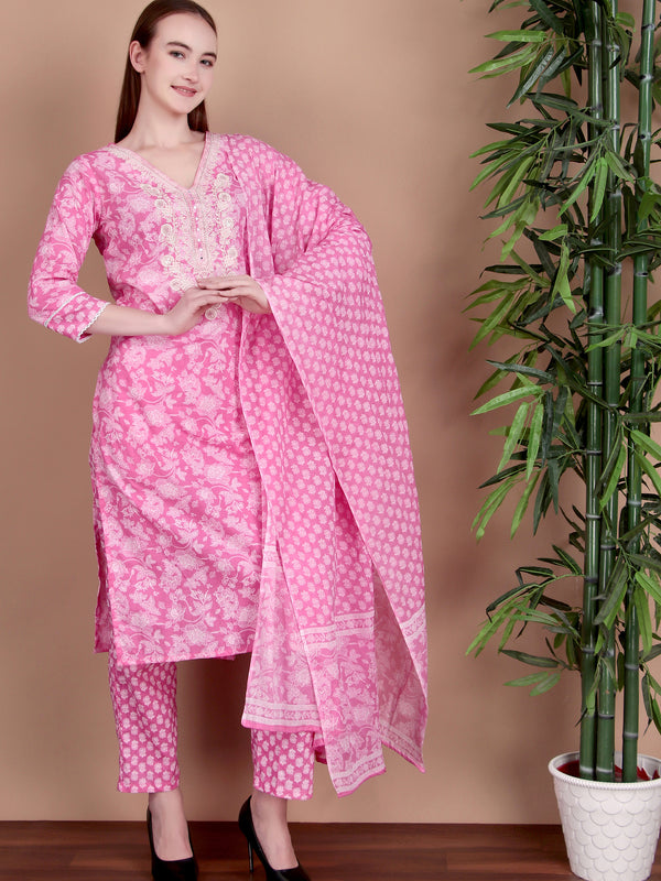 Miramaar Women's Pink Cotton Straight V-Neck Embroidered Kurta Pant with Dupatta