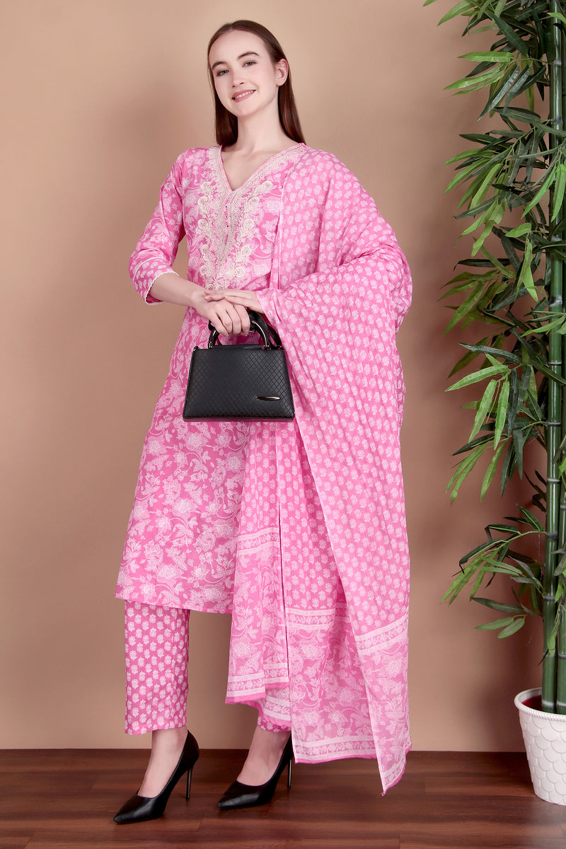 Miramaar Women's Pink Cotton Straight V-Neck Embroidered Kurta Pant with Dupatta