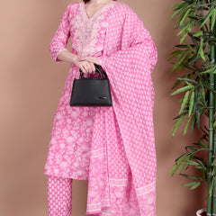 Miramaar Women's Pink Cotton Straight V-Neck Embroidered Kurta Pant with Dupatta