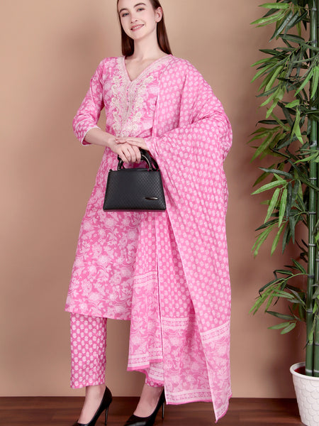 Miramaar Women's Pink Cotton Straight V-Neck Embroidered Kurta Pant with Dupatta