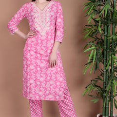 Miramaar Women's Pink Cotton Straight V-Neck Embroidered Kurta Pant with Dupatta