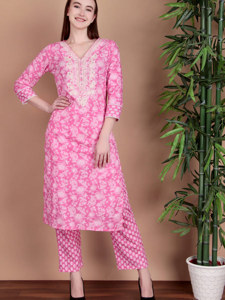 Miramaar Women's Pink Cotton Straight V-Neck Embroidered Kurta Pant with Dupatta