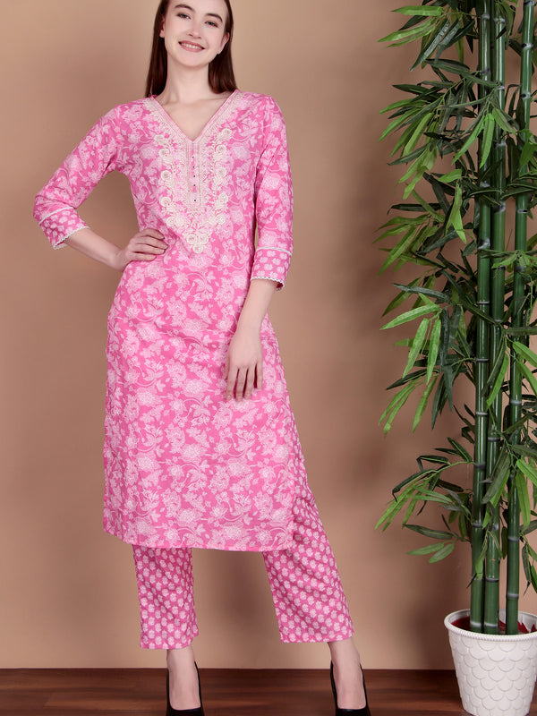 Miramaar Women's Pink Cotton Straight V-Neck Embroidered Kurta Pant with Dupatta