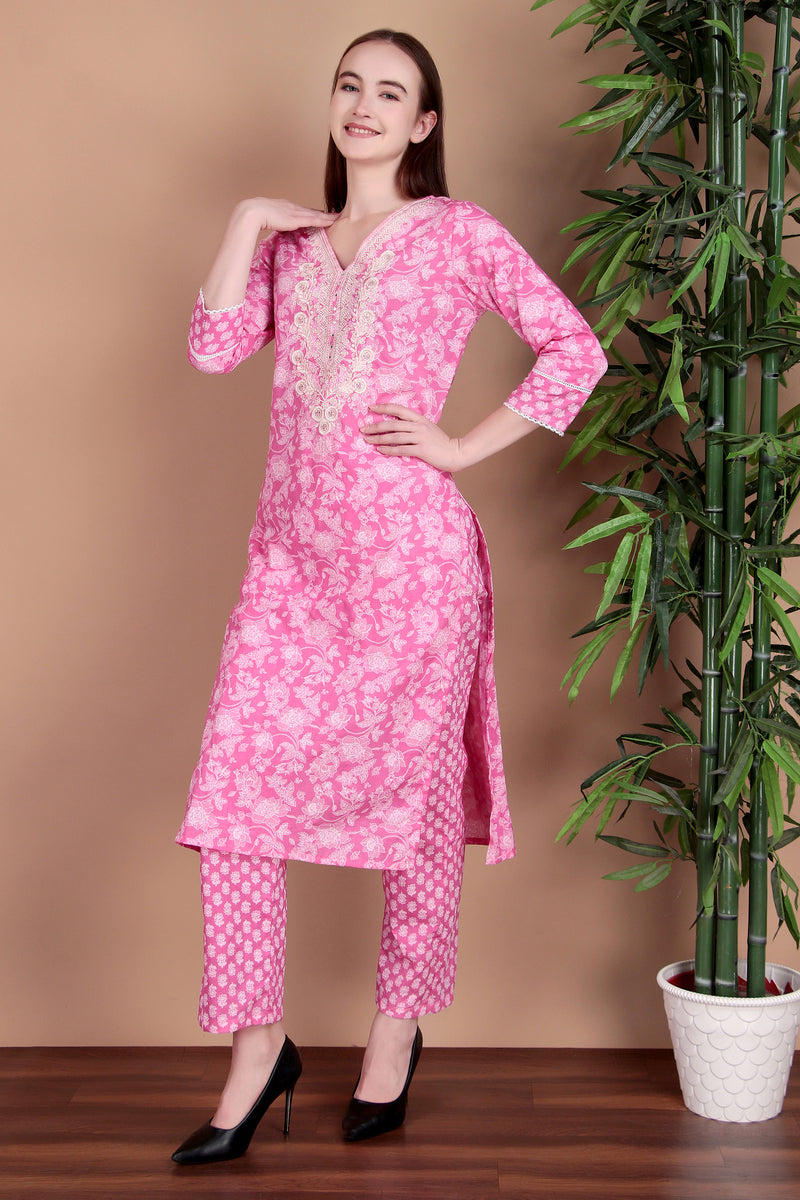 Miramaar Women's Pink Cotton Straight V-Neck Embroidered Kurta Pant with Dupatta