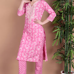 Miramaar Women's Pink Cotton Straight V-Neck Embroidered Kurta Pant with Dupatta