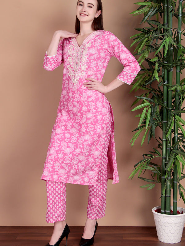 Miramaar Women's Pink Cotton Straight V-Neck Embroidered Kurta Pant with Dupatta