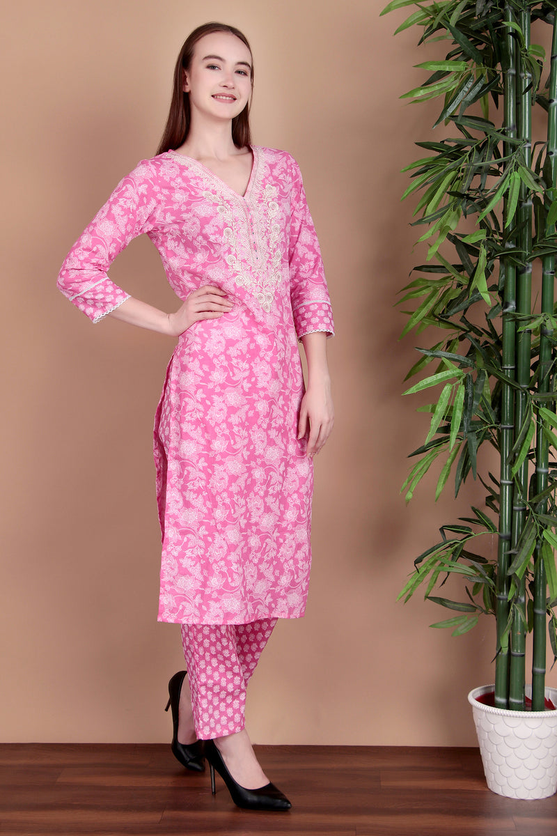 Miramaar Women's Pink Cotton Straight V-Neck Embroidered Kurta Pant with Dupatta