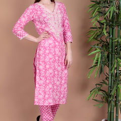 Miramaar Women's Pink Cotton Straight V-Neck Embroidered Kurta Pant with Dupatta