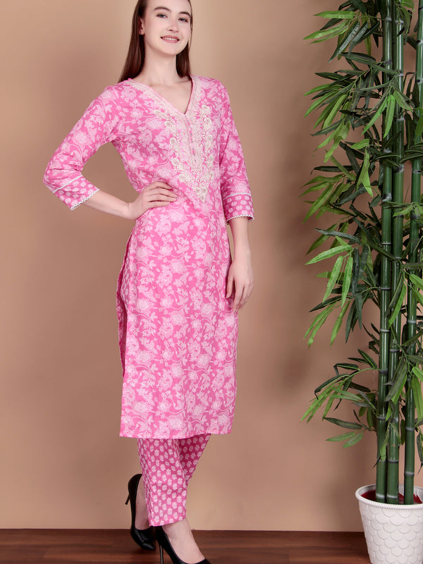 Miramaar Women's Pink Cotton Straight V-Neck Embroidered Kurta Pant with Dupatta