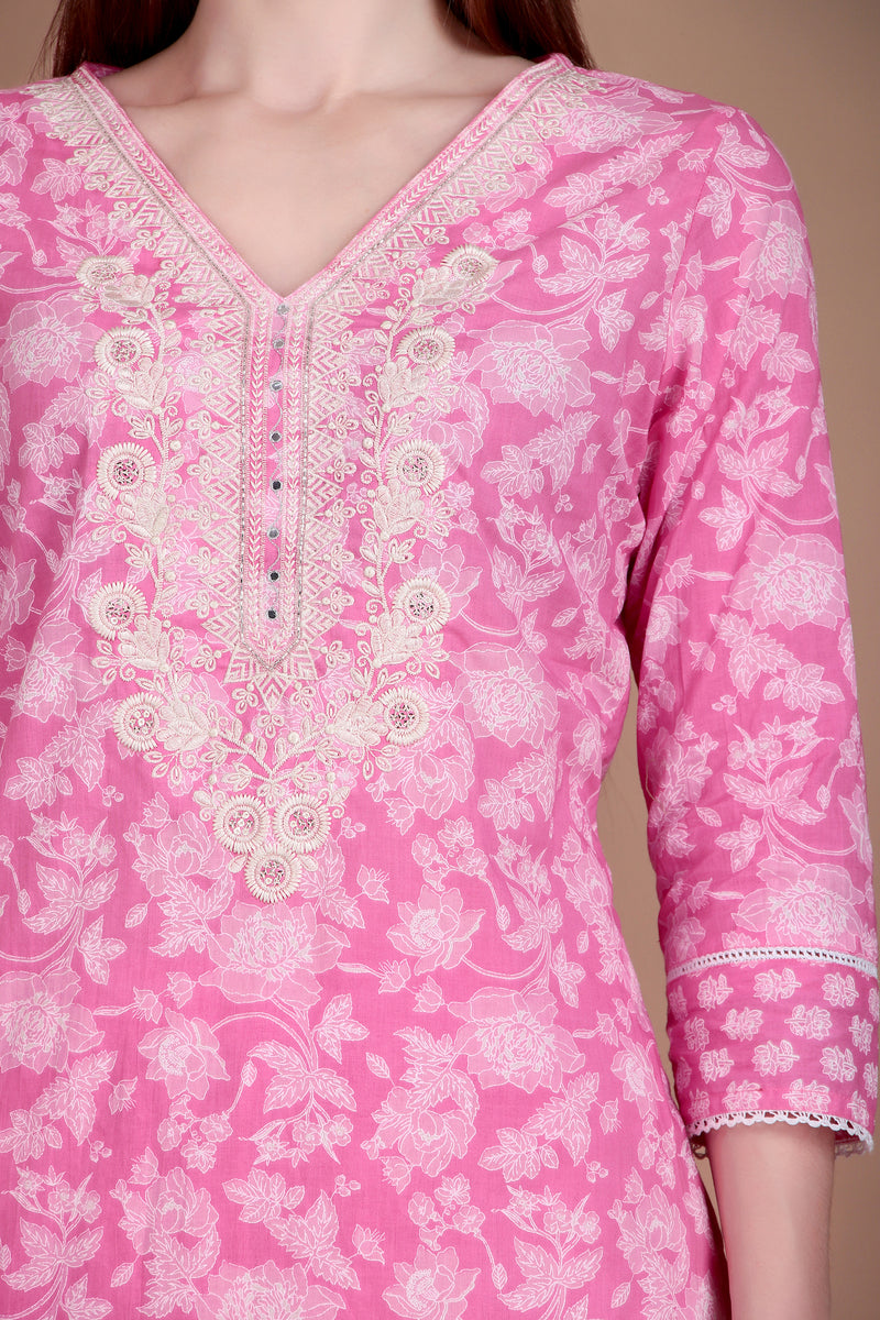 Miramaar Women's Pink Cotton Straight V-Neck Embroidered Kurta Pant with Dupatta