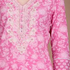 Miramaar Women's Pink Cotton Straight V-Neck Embroidered Kurta Pant with Dupatta