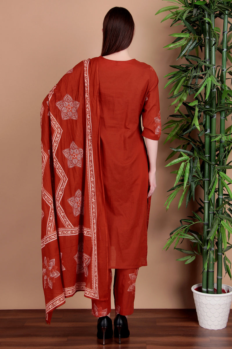 Miramaar Women's Rust Hand Work Straight Cotton Kurta Pant Dupatta Set