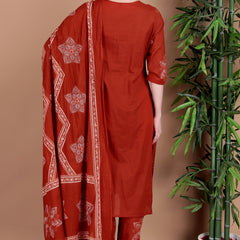 Miramaar Women's Rust Hand Work Straight Cotton Kurta Pant Dupatta Set