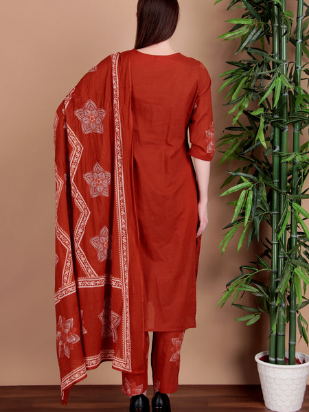 Miramaar Women's Rust Hand Work Straight Cotton Kurta Pant Dupatta Set