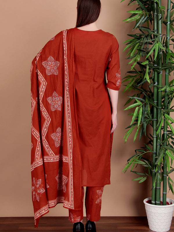 Miramaar Women's Rust Hand Work Straight Cotton Kurta Pant Dupatta Set