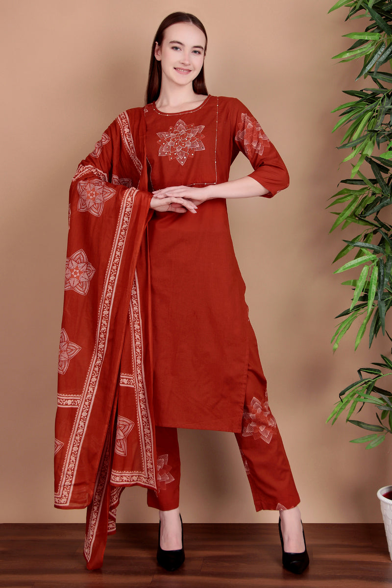 Miramaar Women's Rust Hand Work Straight Cotton Kurta Pant Dupatta Set