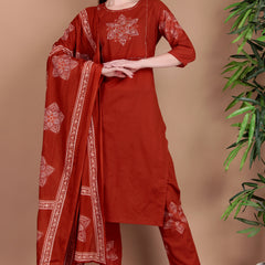 Miramaar Women's Rust Hand Work Straight Cotton Kurta Pant Dupatta Set
