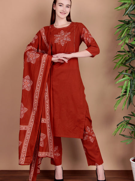 Miramaar Women's Rust Hand Work Straight Cotton Kurta Pant Dupatta Set